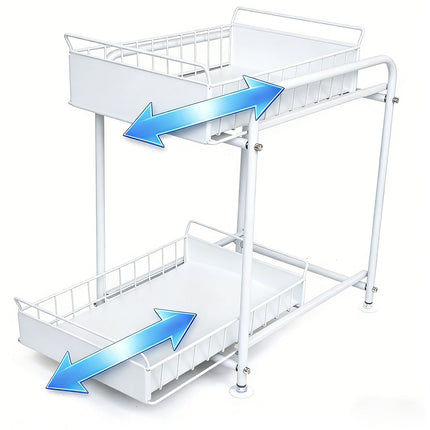 2 Tier Under Sink Storage Rack Kitchen Organizer Steel Frame with Removable Baskets & Suction Feet White.
