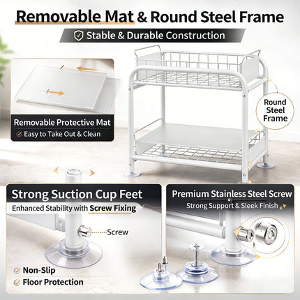 2 Tier Under Sink Storage Rack Kitchen Organizer Steel Frame with Removable Baskets & Suction Feet White.