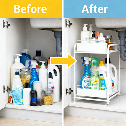 2 Tier Under Sink Storage Rack Kitchen Organizer Steel Frame with Removable Baskets & Suction Feet White.