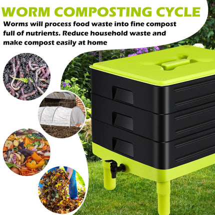 60L Large Worm Farm 3 Trays Worm Composter Bins Composting System Worm Tea.