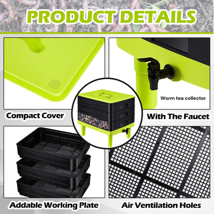 60L Large Worm Farm 3 Trays Worm Composter Bins Composting System Worm Tea.