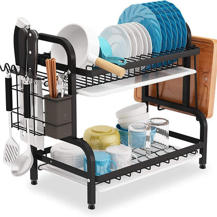 Dish Rack 2 Tier Dish Dryer Drainer Stainless Steel Dish Drying Rack Drip Trays Side Holder Kitchen Storage Save Space.