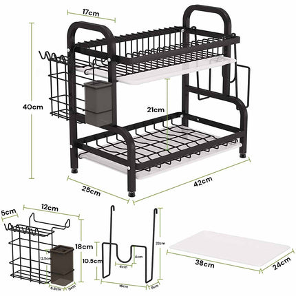 Dish Rack 2 Tier Dish Dryer Drainer Stainless Steel Dish Drying Rack Drip Trays Side Holder Kitchen Storage Save Space.