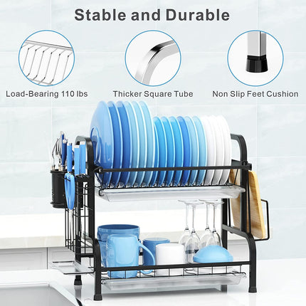 Dish Rack 2 Tier Dish Dryer Drainer Stainless Steel Dish Drying Rack Drip Trays Side Holder Kitchen Storage Save Space.