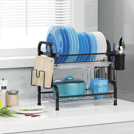 Dish Rack 2 Tier Dish Dryer Drainer Stainless Steel Dish Drying Rack Drip Trays Side Holder Kitchen Storage Save Space.