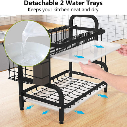 Dish Rack 2 Tier Dish Dryer Drainer Stainless Steel Dish Drying Rack Drip Trays Side Holder Kitchen Storage Save Space.