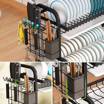Dish Rack 2 Tier Dish Dryer Drainer Stainless Steel Dish Drying Rack Drip Trays Side Holder Kitchen Storage Save Space.
