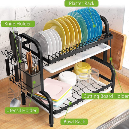 Dish Rack 2 Tier Dish Dryer Drainer Stainless Steel Dish Drying Rack Drip Trays Side Holder Kitchen Storage Save Space.
