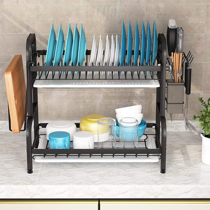 Dish Rack 2 Tier Dish Dryer Drainer Stainless Steel Dish Drying Rack Drip Trays Side Holder Kitchen Storage Save Space.