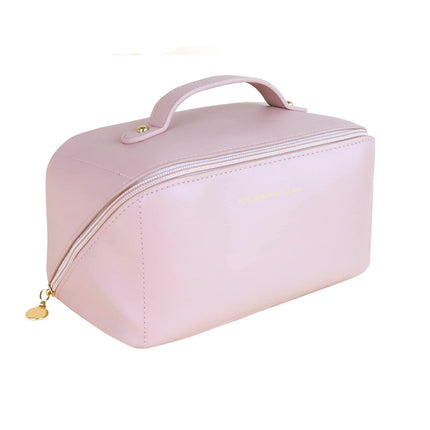 Large Travel Cosmetic Bag Portable Make up Makeup Bag Waterproof PU Leather Storage Pink.