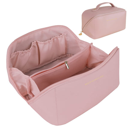 Large Travel Cosmetic Bag Portable Make up Makeup Bag Waterproof PU Leather Storage Pink.