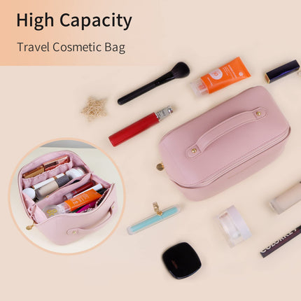 Large Travel Cosmetic Bag Portable Make up Makeup Bag Waterproof PU Leather Storage Pink.