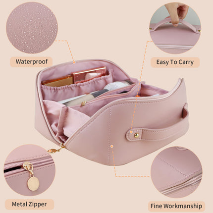 Large Travel Cosmetic Bag Portable Make up Makeup Bag Waterproof PU Leather Storage Pink.