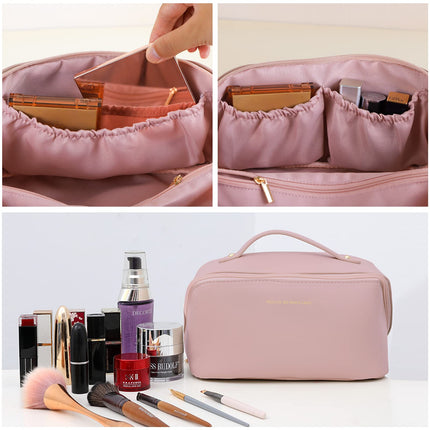 Large Travel Cosmetic Bag Portable Make up Makeup Bag Waterproof PU Leather Storage Pink.