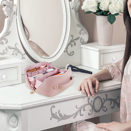 Large Travel Cosmetic Bag Portable Make up Makeup Bag Waterproof PU Leather Storage Pink.
