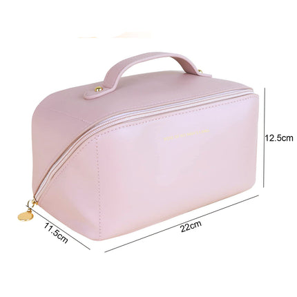 Large Travel Cosmetic Bag Portable Make up Makeup Bag Waterproof PU Leather Storage Pink.