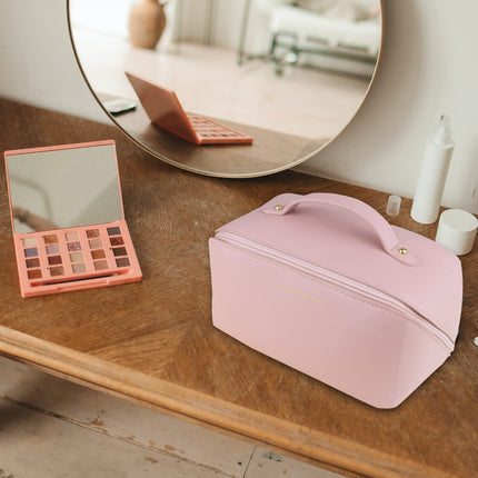 Large Travel Cosmetic Bag Portable Make up Makeup Bag Waterproof PU Leather Storage Pink.