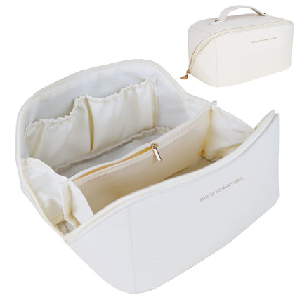 Large Travel Cosmetic Bag Portable Make up Makeup Bag Waterproof PU Leather Storage White.