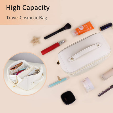 Large Travel Cosmetic Bag Portable Make up Makeup Bag Waterproof PU Leather Storage White.