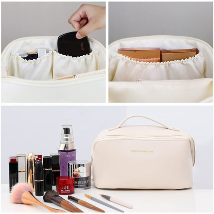 Large Travel Cosmetic Bag Portable Make up Makeup Bag Waterproof PU Leather Storage White.