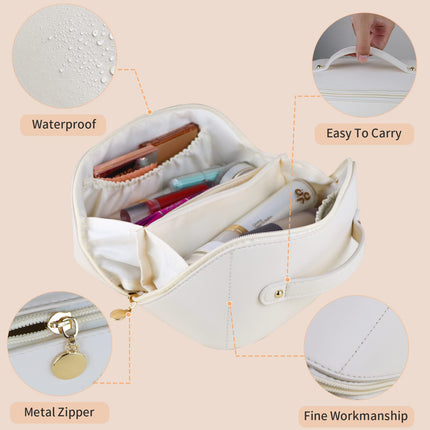 Large Travel Cosmetic Bag Portable Make up Makeup Bag Waterproof PU Leather Storage White.