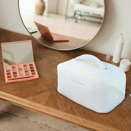 Large Travel Cosmetic Bag Portable Make up Makeup Bag Waterproof PU Leather Storage White.