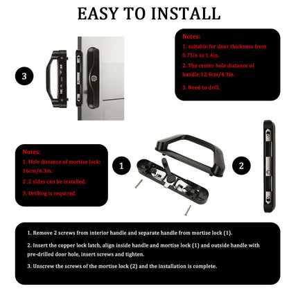 Sliding Patio Door Handle Set Mortise Lock Suitable for Sliding Glass Patio Door Keyed Black.