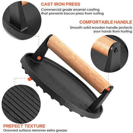 Heavy Duty Round Cast Iron Grill Burger Press Pre-Seasoned Steak Griddle BBQ Grilling.