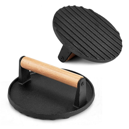 Heavy Duty Round Cast Iron Grill Burger Press Pre-Seasoned Steak Griddle BBQ Grilling.