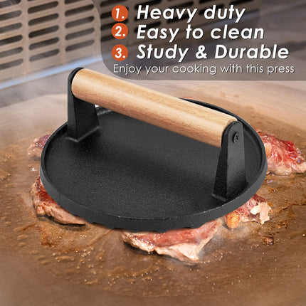 Heavy Duty Round Cast Iron Grill Burger Press Pre-Seasoned Steak Griddle BBQ Grilling.