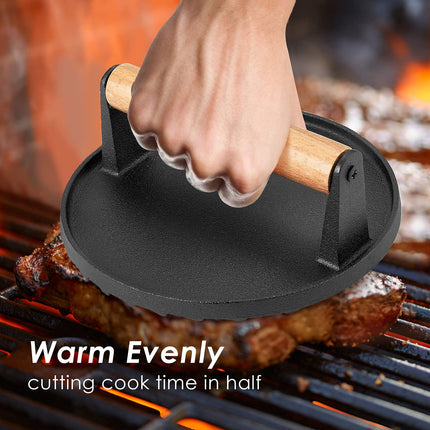 Heavy Duty Round Cast Iron Grill Burger Press Pre-Seasoned Steak Griddle BBQ Grilling.