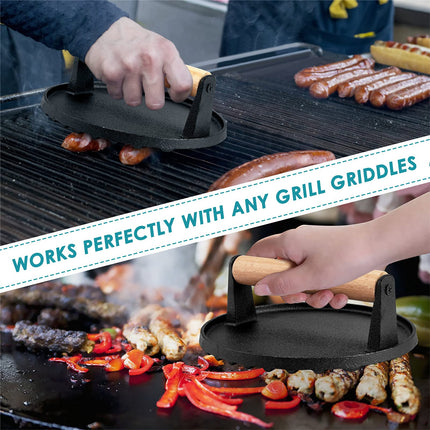 Heavy Duty Round Cast Iron Grill Burger Press Pre-Seasoned Steak Griddle BBQ Grilling.