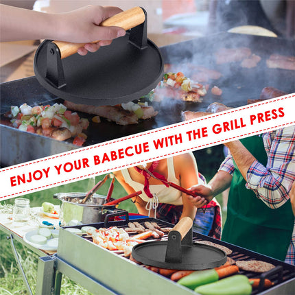 Heavy Duty Round Cast Iron Grill Burger Press Pre-Seasoned Steak Griddle BBQ Grilling.
