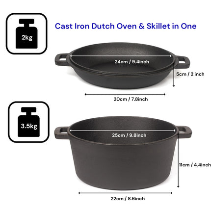 26cm 2-in-1 Cast Iron Dutch Oven & Skillet Set  Pre-Seasoned Dual-Use Pot with Lid Fry Pan, Durable & Versatile Cookware.