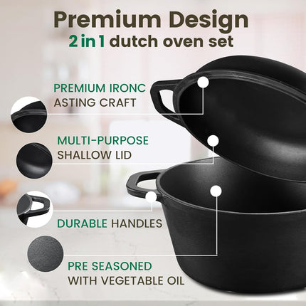26cm 2-in-1 Cast Iron Dutch Oven & Skillet Set  Pre-Seasoned Dual-Use Pot with Lid Fry Pan, Durable & Versatile Cookware.