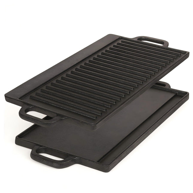 40 cm Reversible Cast Iron Grill & Griddle -Dual-Sided (Flat & Ribbed), Pre-Seasoned, Handles, for Stove-Top & Outdoor Use.