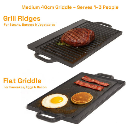 40 cm Reversible Cast Iron Grill & Griddle -Dual-Sided (Flat & Ribbed), Pre-Seasoned, Handles, for Stove-Top & Outdoor Use.