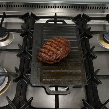 40 cm Reversible Cast Iron Grill & Griddle -Dual-Sided (Flat & Ribbed), Pre-Seasoned, Handles, for Stove-Top & Outdoor Use.