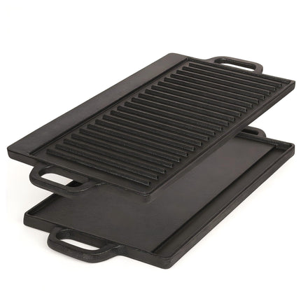 50 cm Reversible Cast Iron Grill & Griddle -Dual-Sided (Flat & Ribbed), Pre-Seasoned, Handles, for Stove-Top & Outdoor Use.