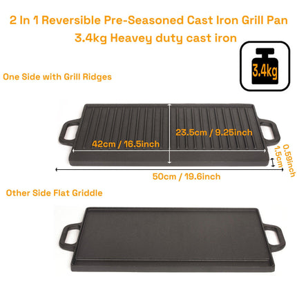 50 cm Reversible Cast Iron Grill & Griddle -Dual-Sided (Flat & Ribbed), Pre-Seasoned, Handles, for Stove-Top & Outdoor Use.