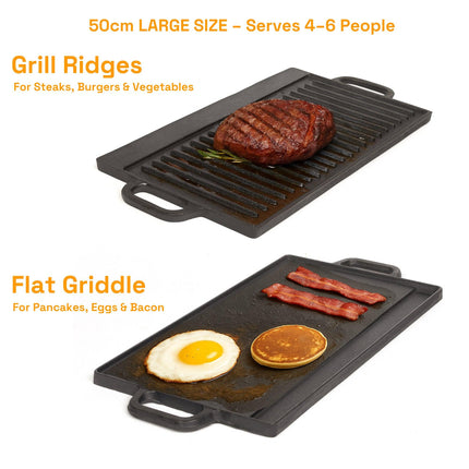 50 cm Reversible Cast Iron Grill & Griddle -Dual-Sided (Flat & Ribbed), Pre-Seasoned, Handles, for Stove-Top & Outdoor Use.