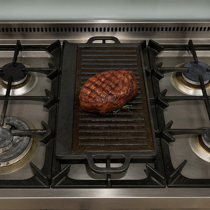 50 cm Reversible Cast Iron Grill & Griddle -Dual-Sided (Flat & Ribbed), Pre-Seasoned, Handles, for Stove-Top & Outdoor Use.