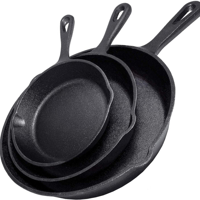 Cast Iron Skillet Cookware 3-Piece Set Chef Quality Pre-Seasoned Pan 10" 8" 6" Pans.