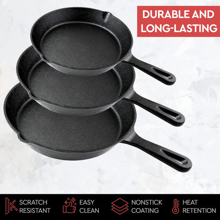 Cast Iron Skillet Cookware 3-Piece Set Chef Quality Pre-Seasoned Pan 10" 8" 6" Pans.