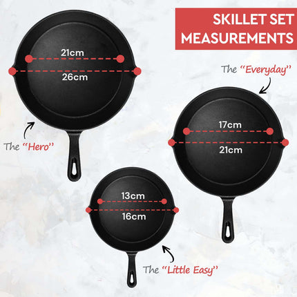 Cast Iron Skillet Cookware 3-Piece Set Chef Quality Pre-Seasoned Pan 10" 8" 6" Pans.