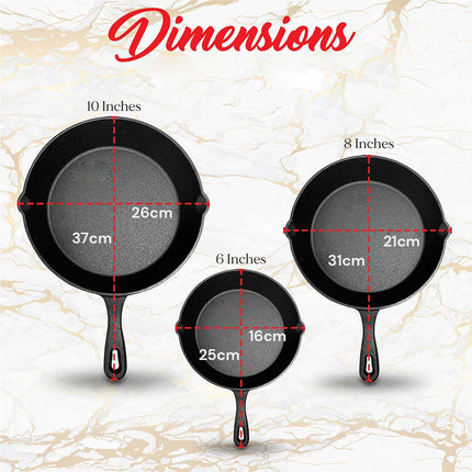 Cast Iron Skillet Cookware 3-Piece Set Chef Quality Pre-Seasoned Pan 10" 8" 6" Pans.