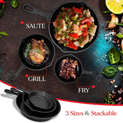 Cast Iron Skillet Cookware 3-Piece Set Chef Quality Pre-Seasoned Pan 10" 8" 6" Pans.