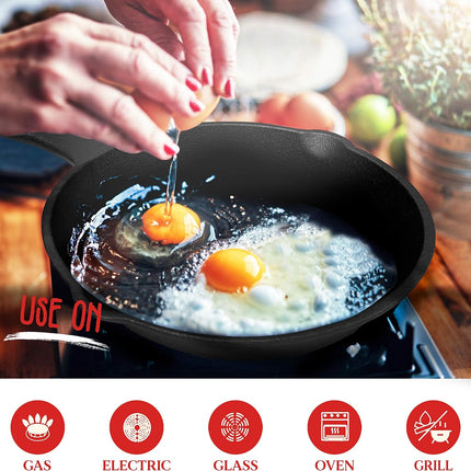 Cast Iron Skillet Cookware 3-Piece Set Chef Quality Pre-Seasoned Pan 10" 8" 6" Pans.