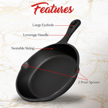 Cast Iron Skillet Cookware 3-Piece Set Chef Quality Pre-Seasoned Pan 10" 8" 6" Pans.