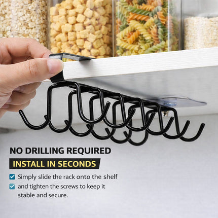 Under Cabinet Mug Holder 12 Hooks No Drill Cup Rack Organizer for Kitchen Storage Black.